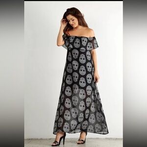 J Mode USA Maxi Dress Womens Size XL NWT Skulls Hearts Black On/Off Shoulder